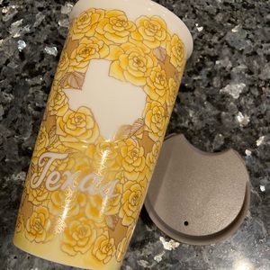 Starbucks Texas Ceramic Tumbler - Yellow rose pattern with gold trim & lid
